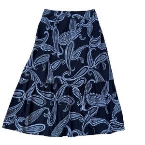 Talbots navy blue paisley tiered cotton blend midi skirt A-line size MP NWT